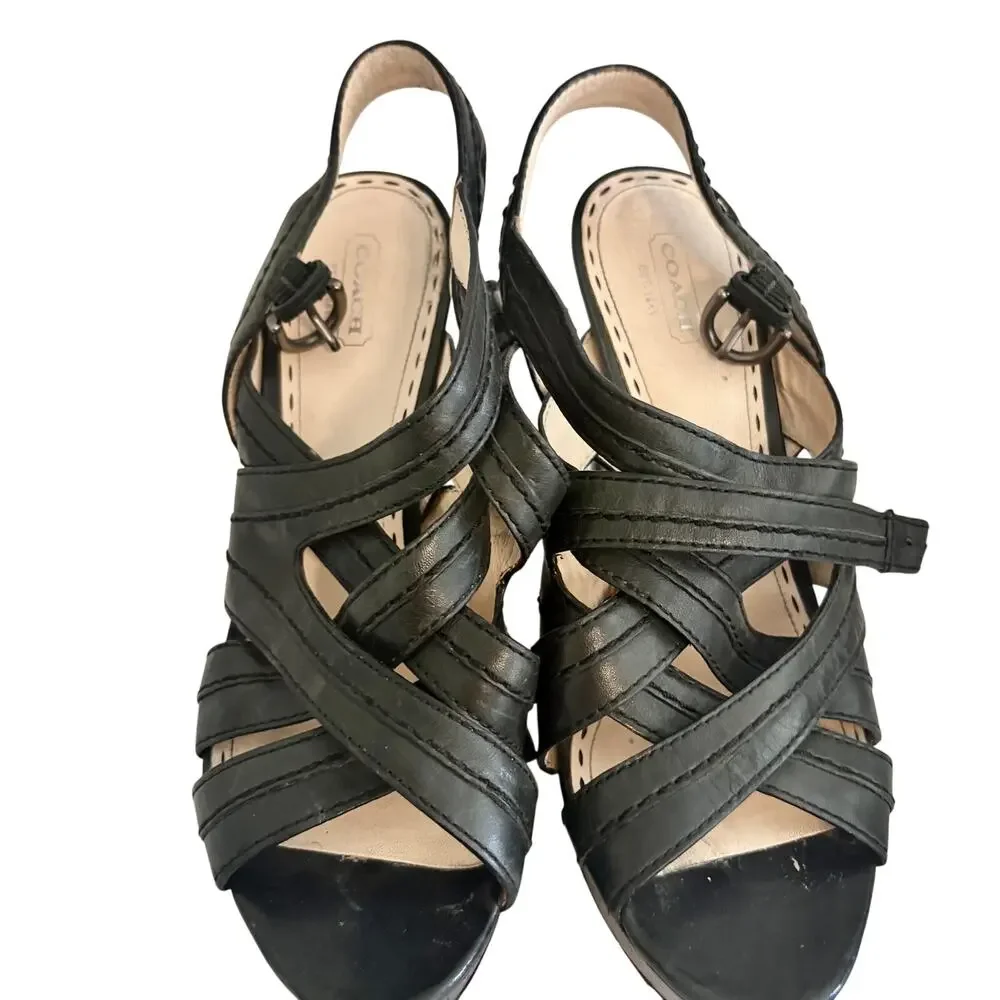 COACH Brynne Black Leather Strappy Gladiator Platform Heel Sandals Luxury Glam